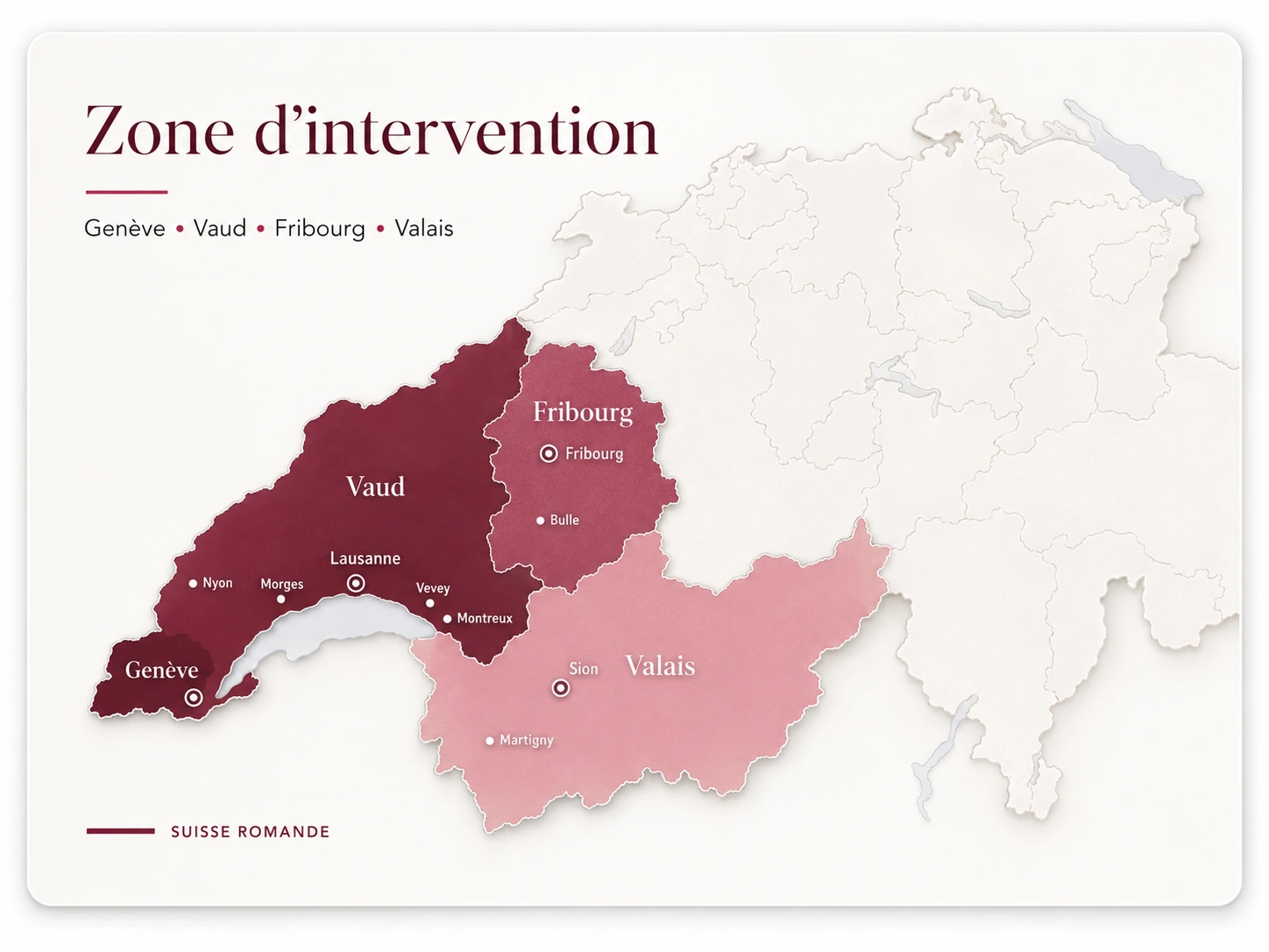 Carte de la zone d’intervention BS Désinfection en Suisse romande : Genève, Vaud, Fribourg et Valais